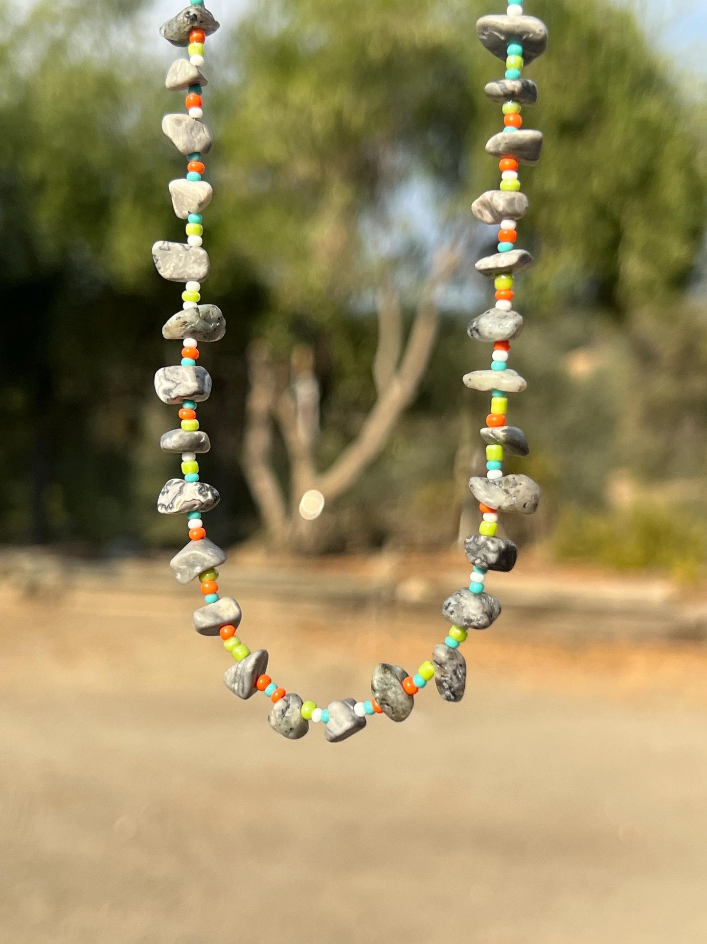 Stone Chip Bead Necklace, Sterling Silver Magnetic Clasp, Eclectic Boho Design