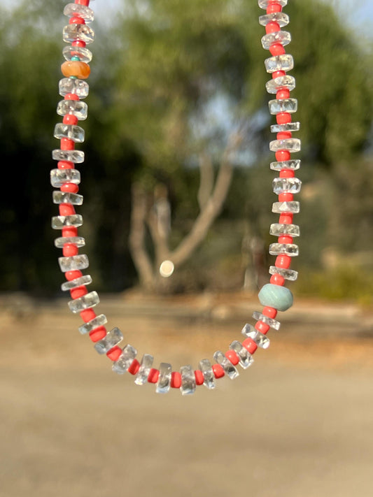 Aquamarine & Seed Bead Necklace, Magnetic Clasp Closure, Chunky Boho Jewelry