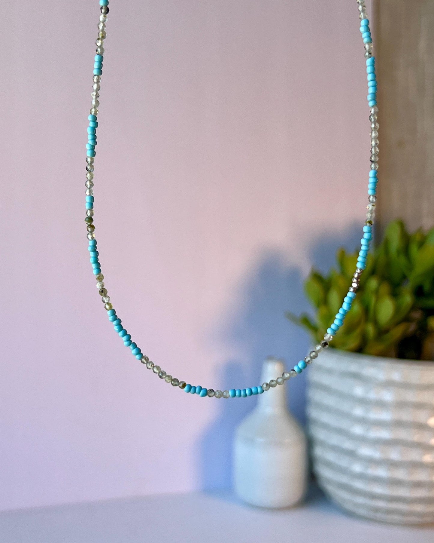 Delicate Gemstone and Seed Bead Choker Sterling Silver Magnetic Closure Necklace Minimalist Boho Style