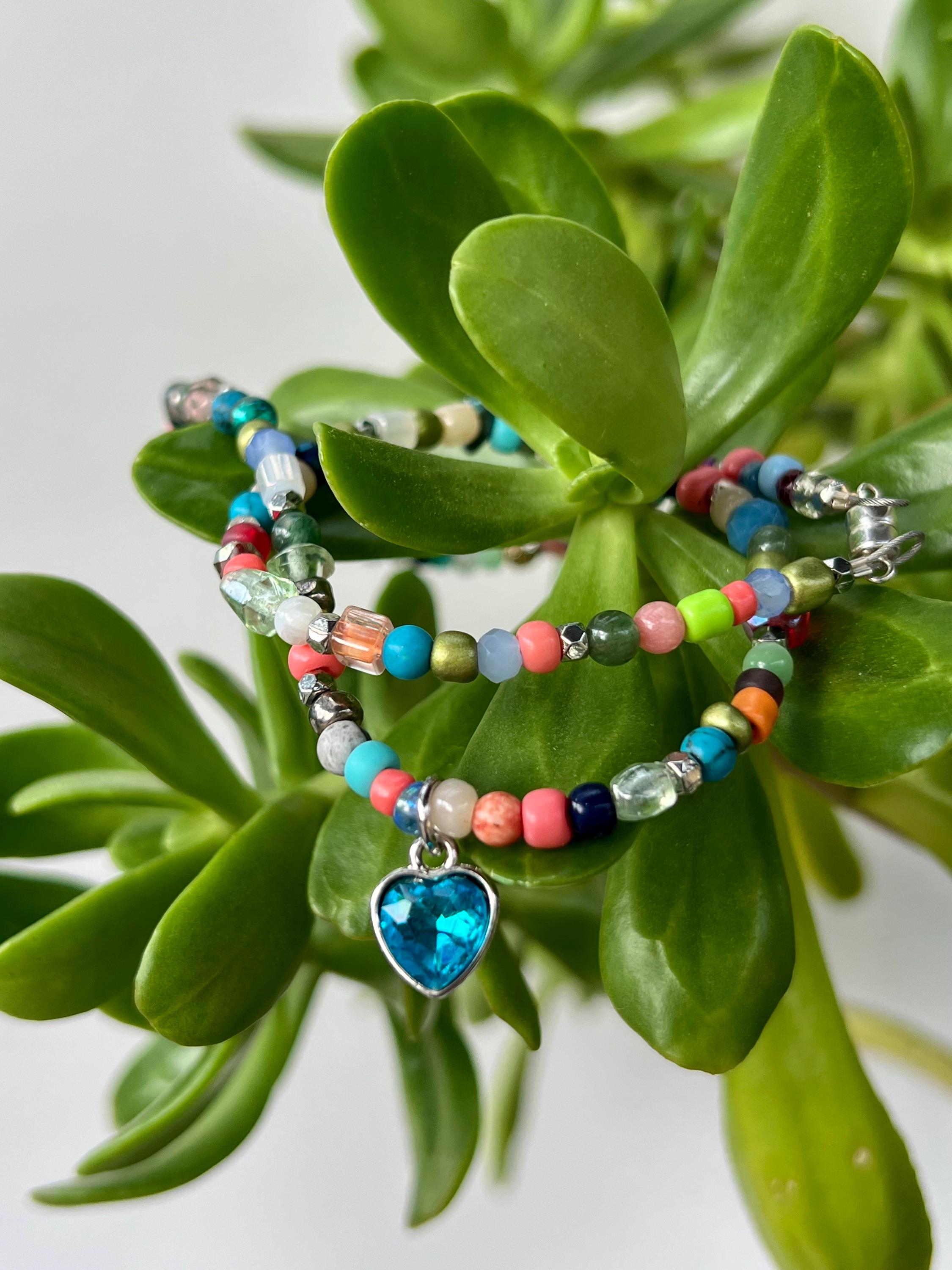 Boho Beaded Choker: Sterling Silver Blue Heart Pendant