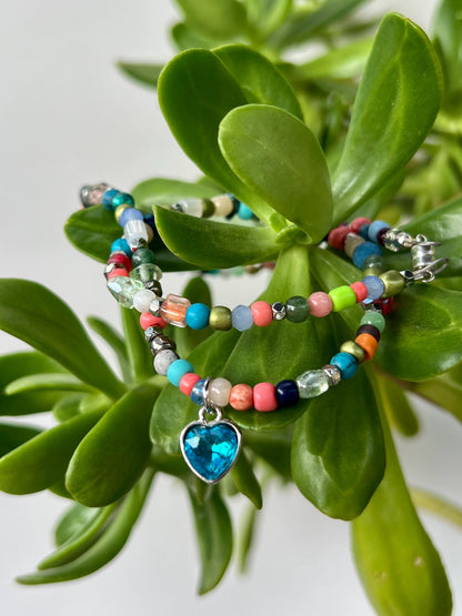 Boho Beaded Choker: Sterling Silver Blue Heart Pendant