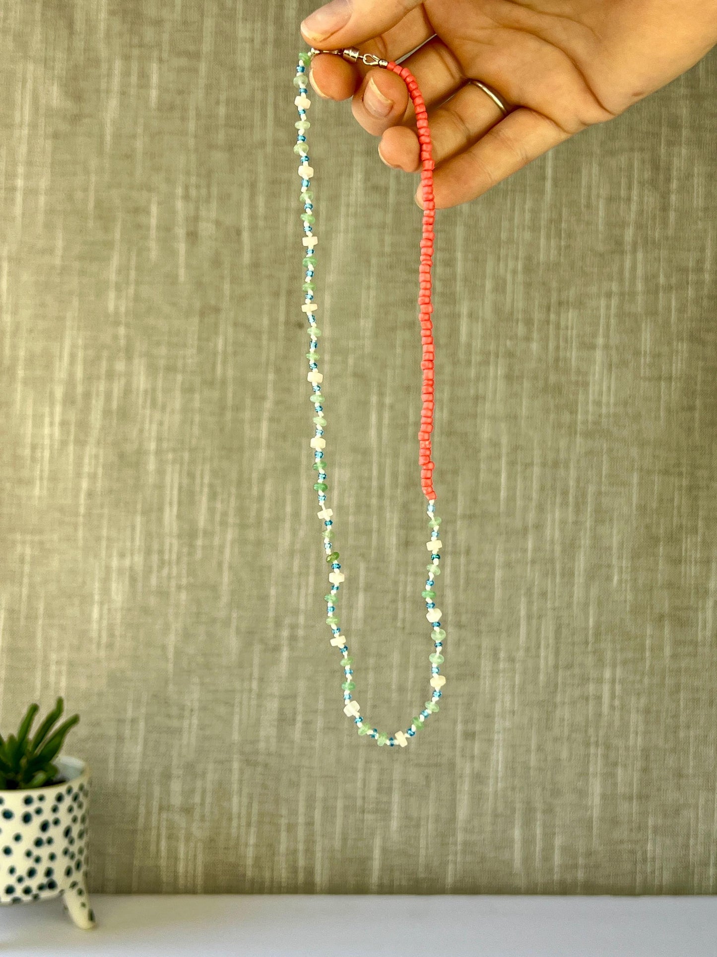 Hand Knotted Beaded Choker Necklace Sterling Silver Magnetic Closure Clasp Minimalist Boho Style Jewelry