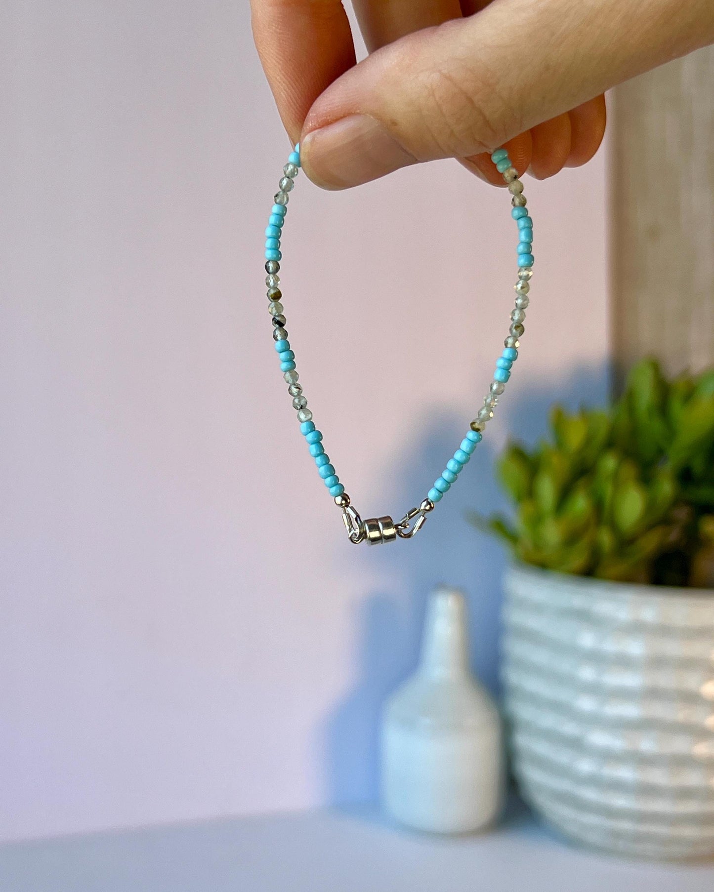 Boho Gemstone Beaded Bracelet Sterling Silver Magnetic Clasp Casual Minimalist Fine Jewelry Gift