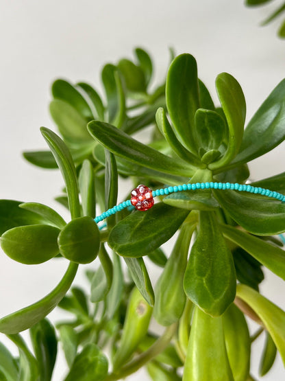 Teal Seed Bead Choker: Sterling Silver Boho Necklace with Red Flower