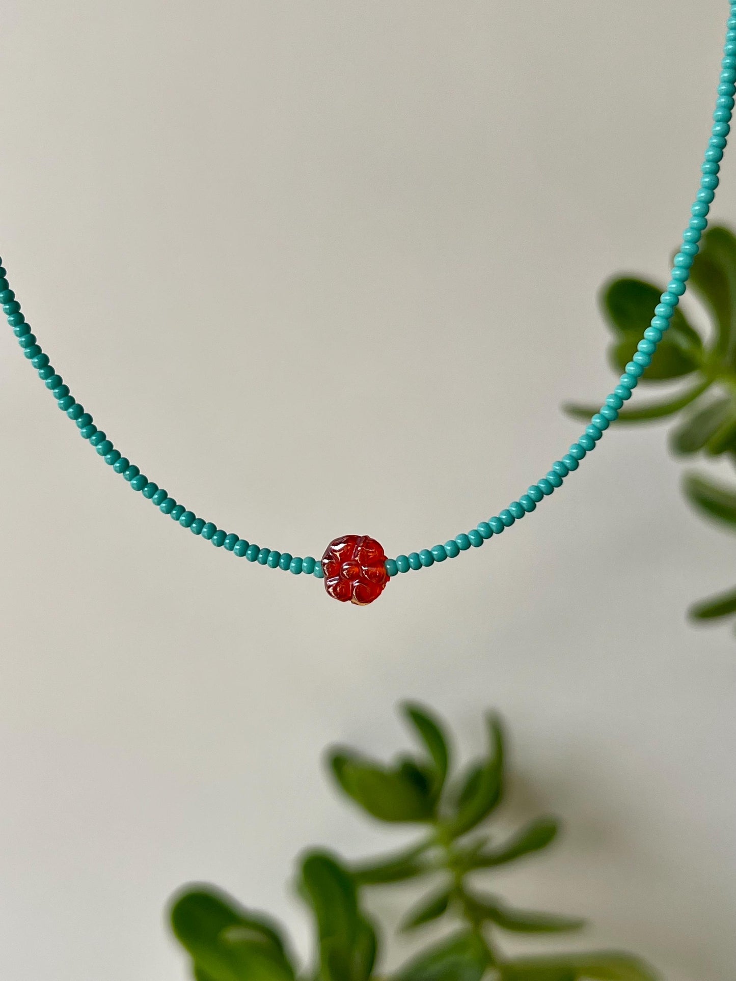 Teal Seed Bead Choker: Sterling Silver Boho Necklace with Red Flower