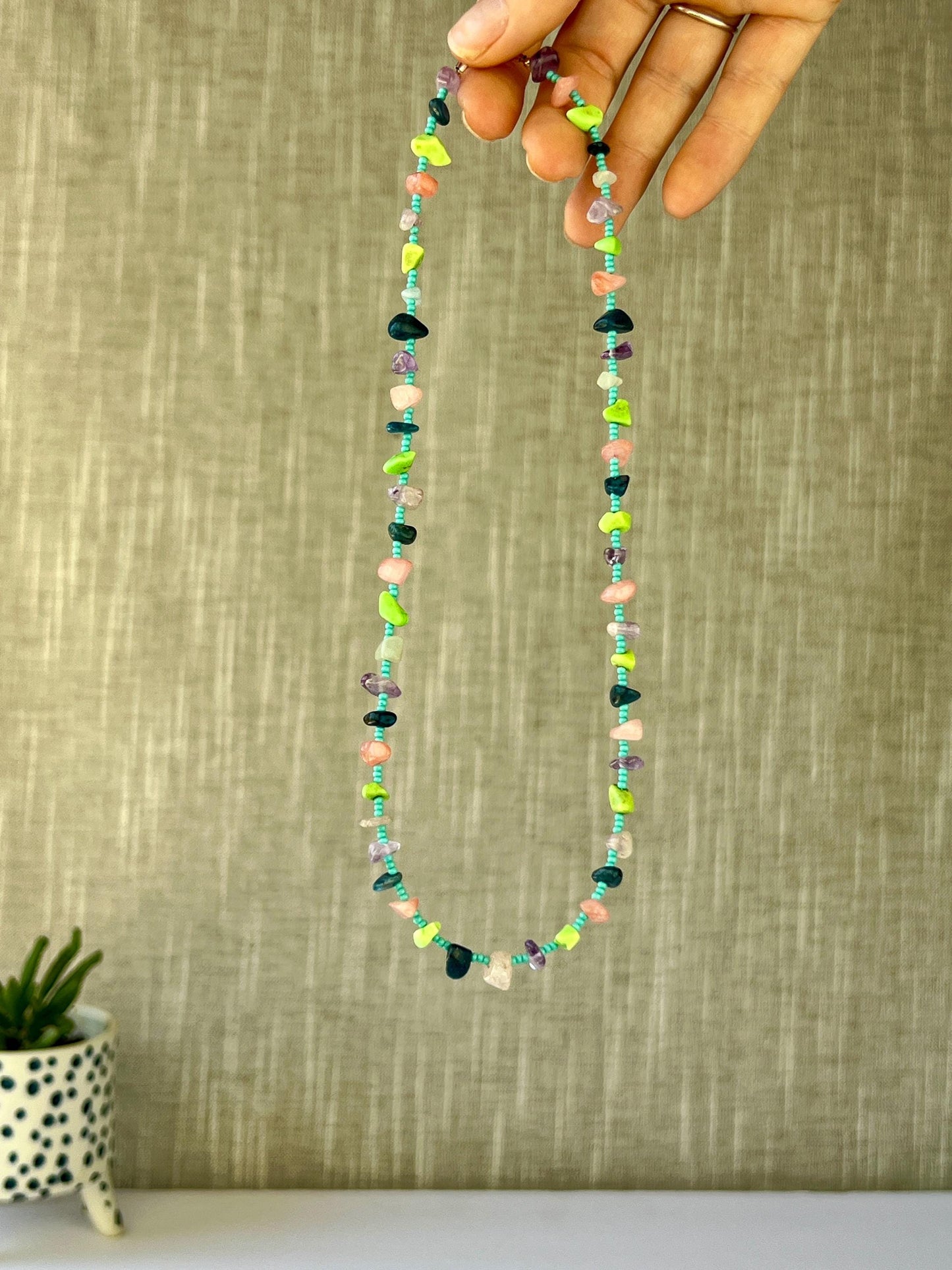 Colorful Chip Stone Beaded Choker Necklace Sterling Silver Magnetic Clasp Eclectic Design