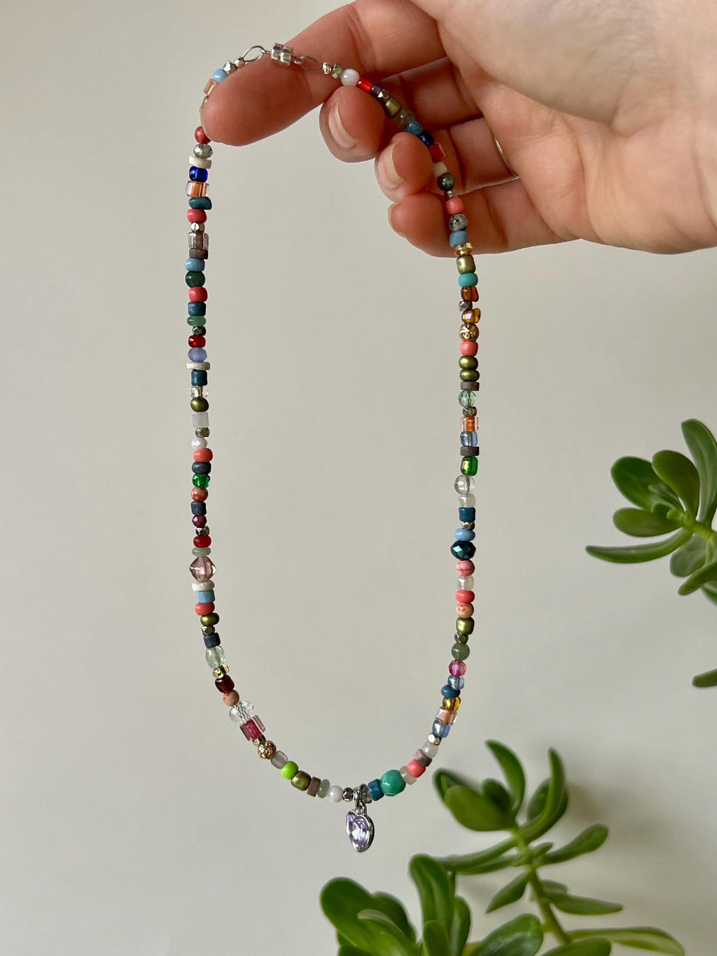 Beaded Choker Necklace, Lavender Heart Charm, Sterling Silver Magnetic Clasp
