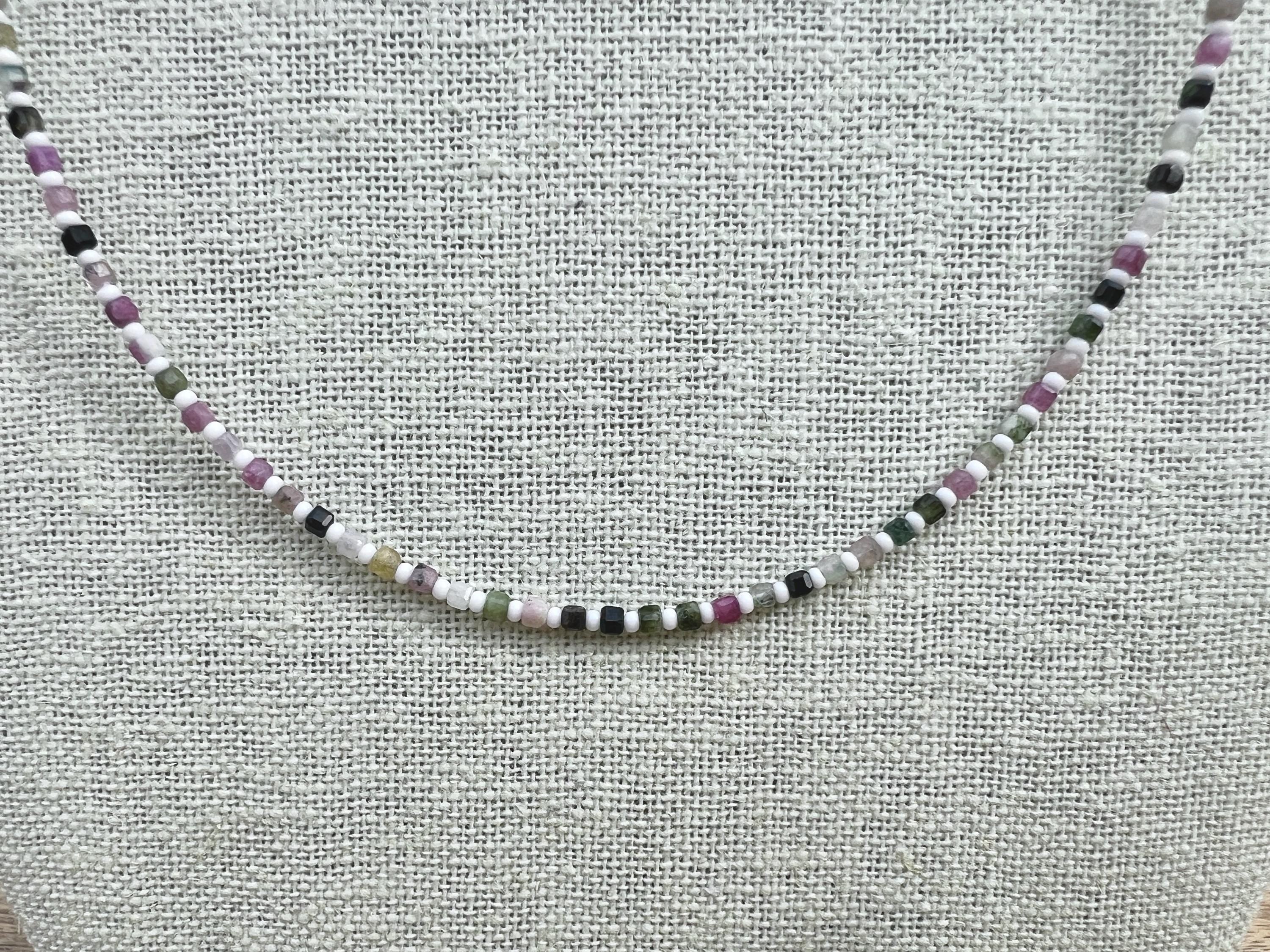 Dainty Tourmaline & Seed Bead Gemstone Necklace, Sterling Silver Magnetic Closure Clasp, Handcrafted Fine Jewelry Gift