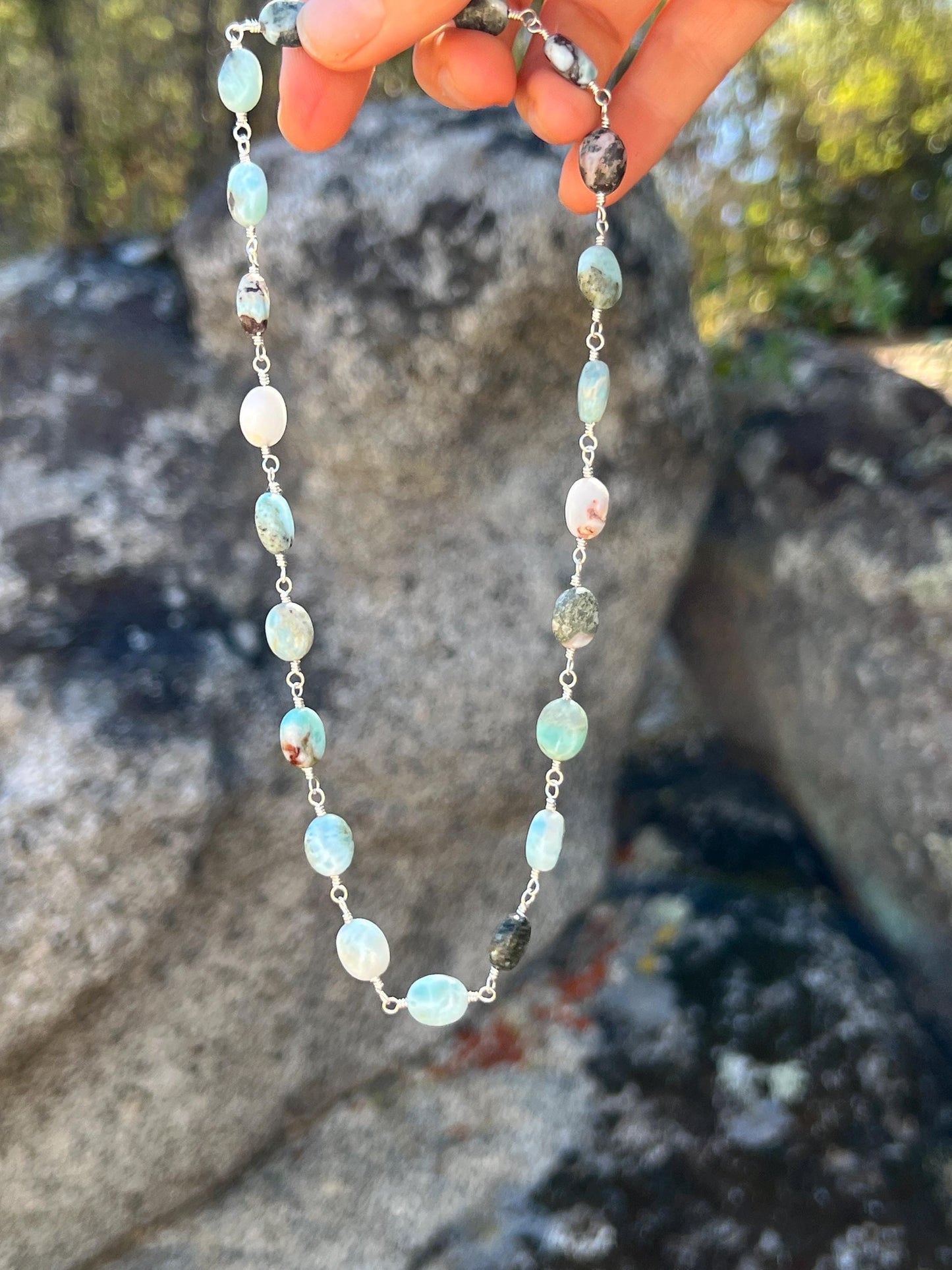 Larimar Gemstone & Sterling Silver Handcrafted Link Necklace, Magnetic Clasp Closure, Minimalist Boho Style Vibes
