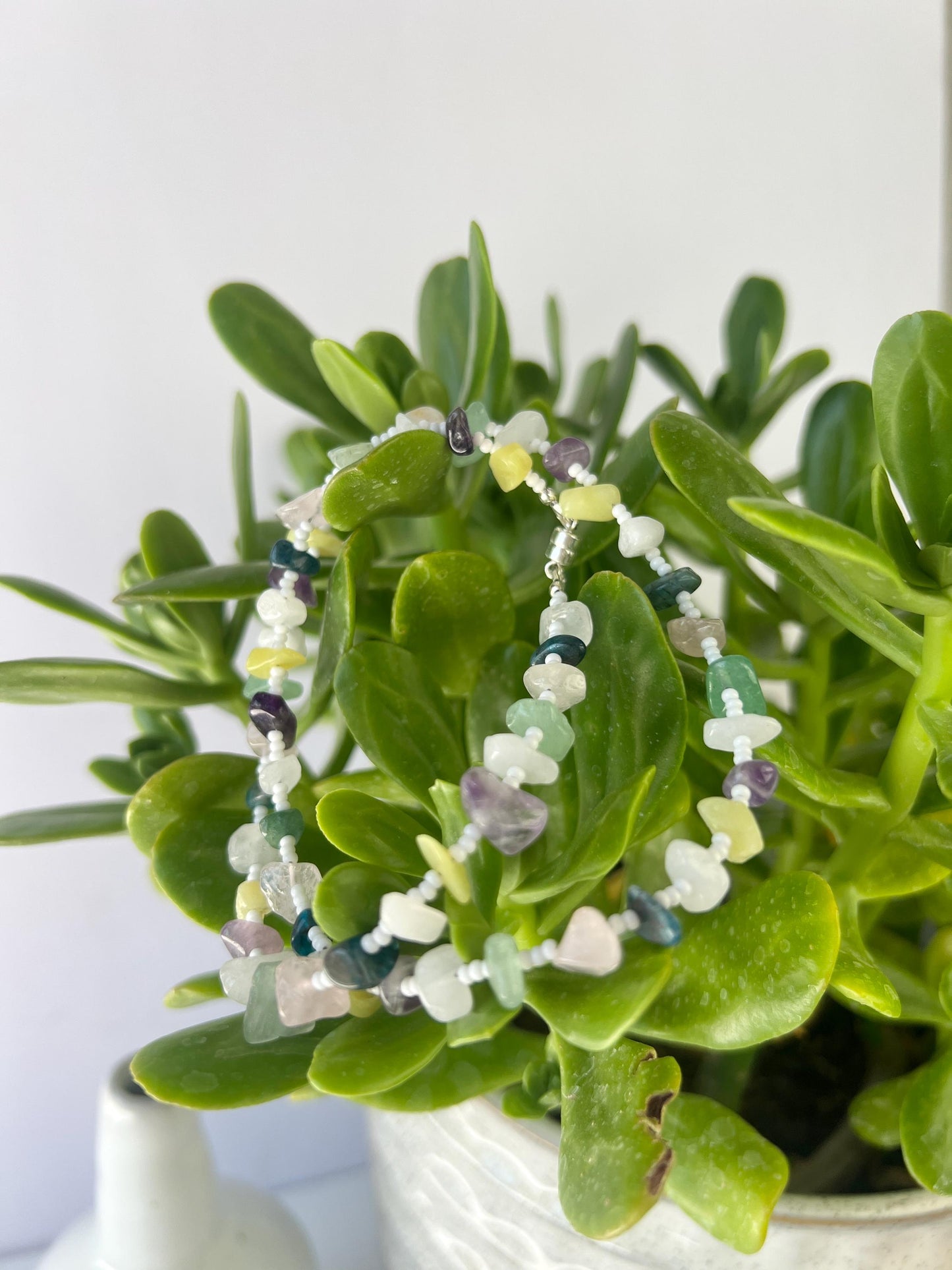 Gemstone Beaded Choker Necklace Sterling Silver Magnetic Clasp Eclectic Boho Design