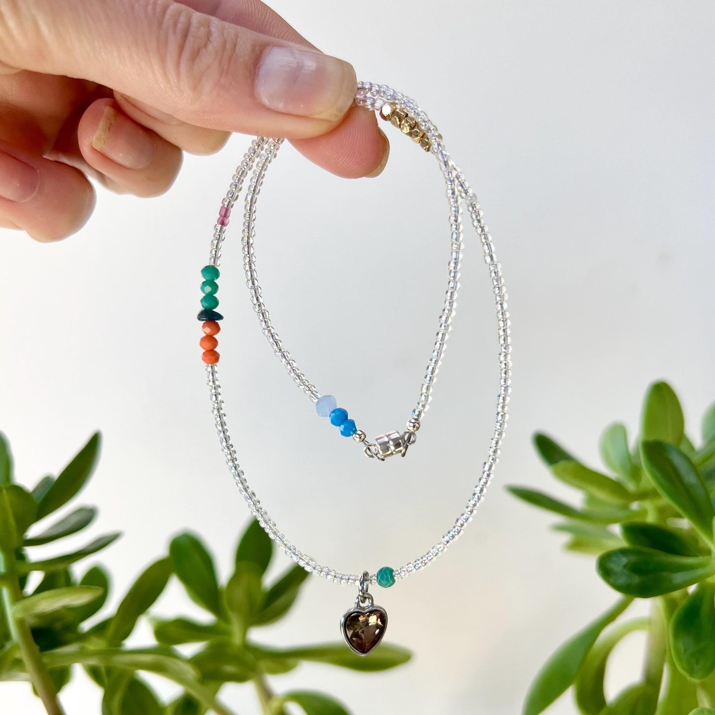 Seed Bead Heart Charm Necklace: Sterling Silver Magnetic Clasp, Boho Jewelry