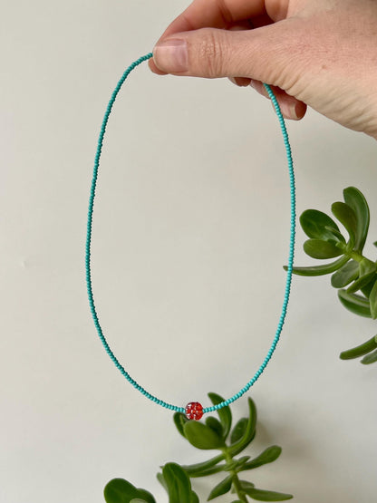 Teal Seed Bead Choker: Sterling Silver Boho Necklace with Red Flower