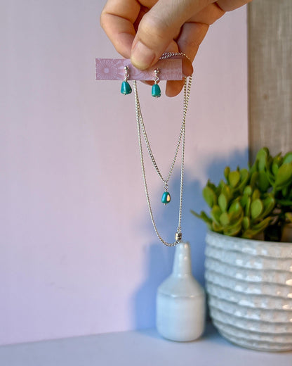 Sterling Silver Turquoise Bead Necklace & Earrings Set: Boho Minimalist Jewelry