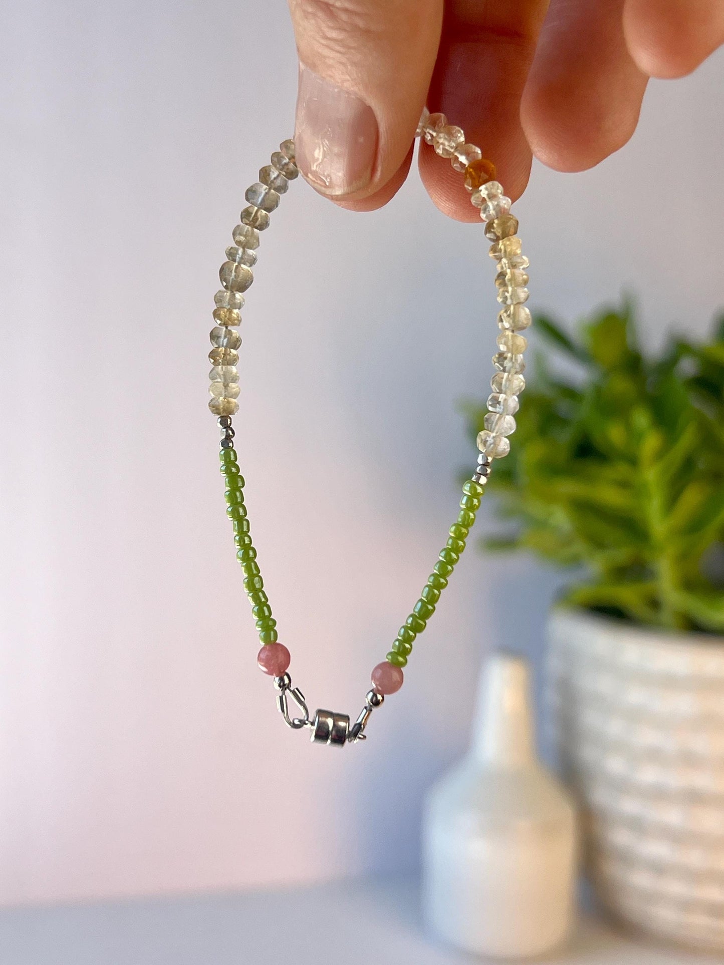 Funky Citrine Gemstone Bracelet, Sterling Silver Magnetic Closure, Minimalist Boho Style