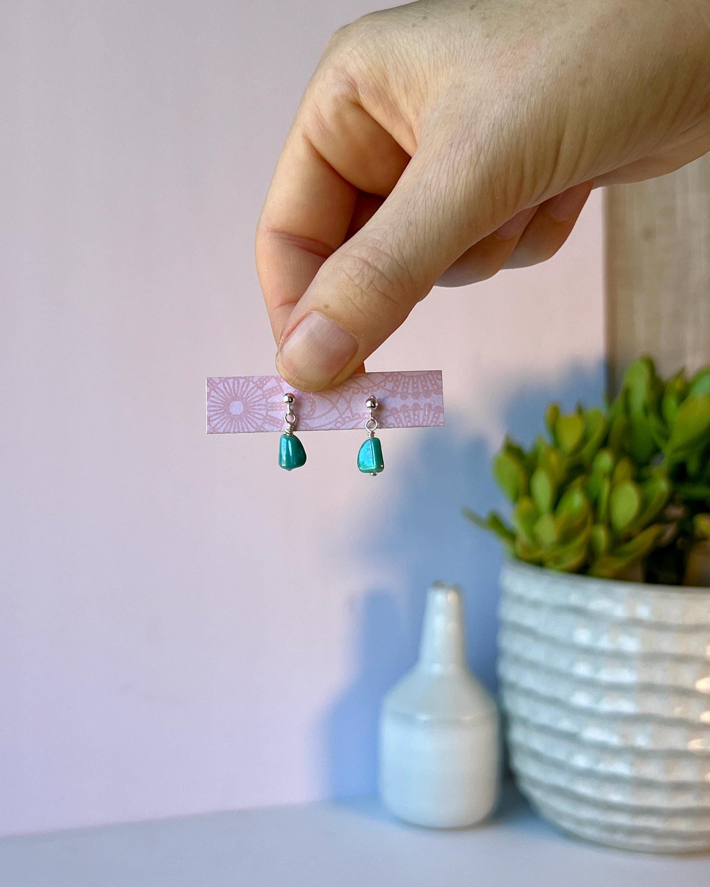 Sterling Silver Turquoise Bead Necklace & Earrings Set: Boho Minimalist Jewelry