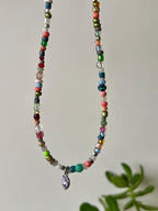 Beaded Choker Necklace, Lavender Heart Charm, Sterling Silver Magnetic Clasp