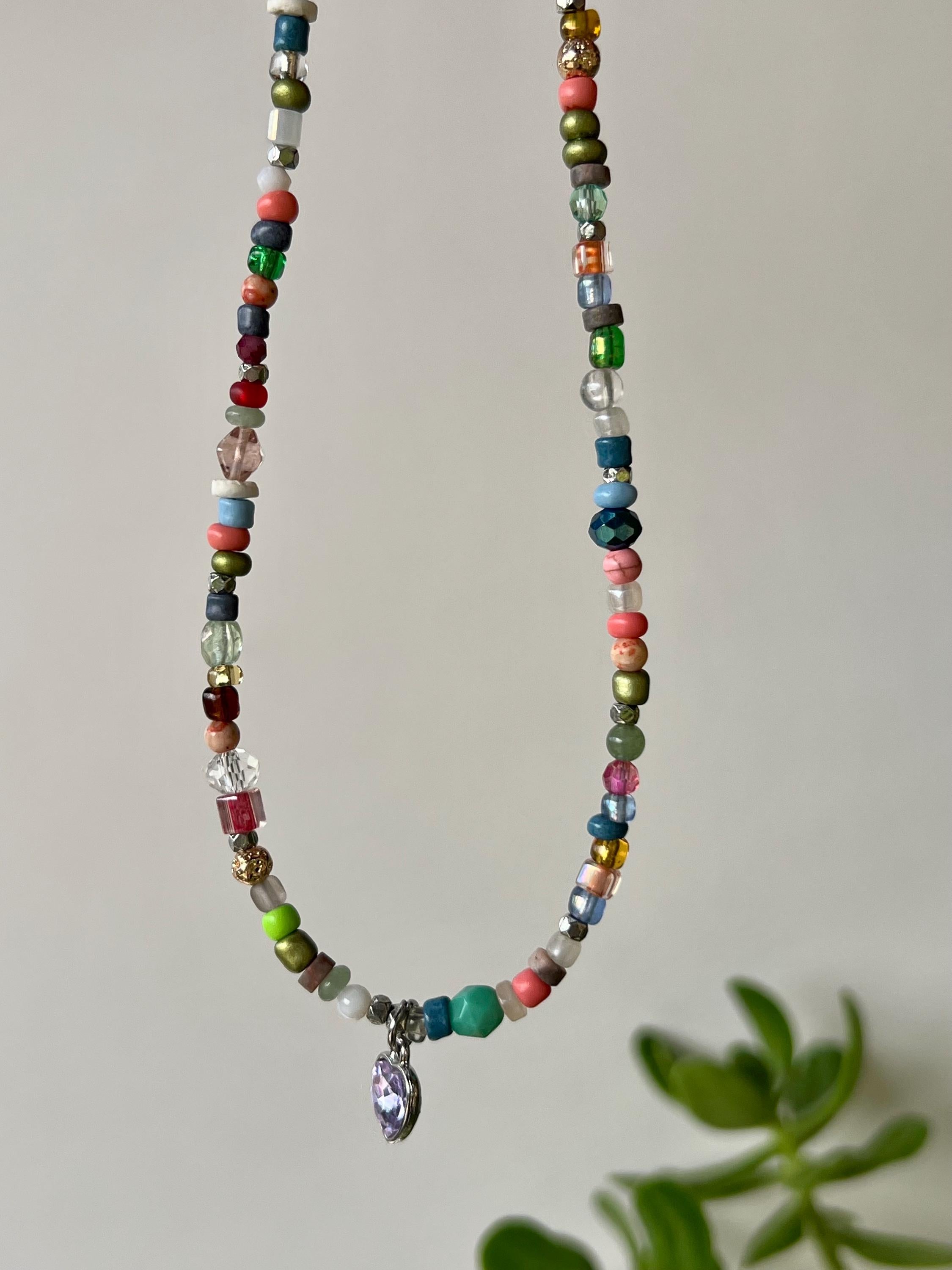 Beaded Choker Necklace, Lavender Heart Charm, Sterling Silver Magnetic Clasp