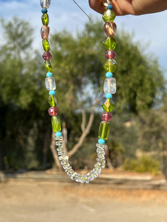 Aquamarine & Glass Bead Necklace, Magnetic Clasp Closure, Chunky Boho Maximalist Style Jewelry