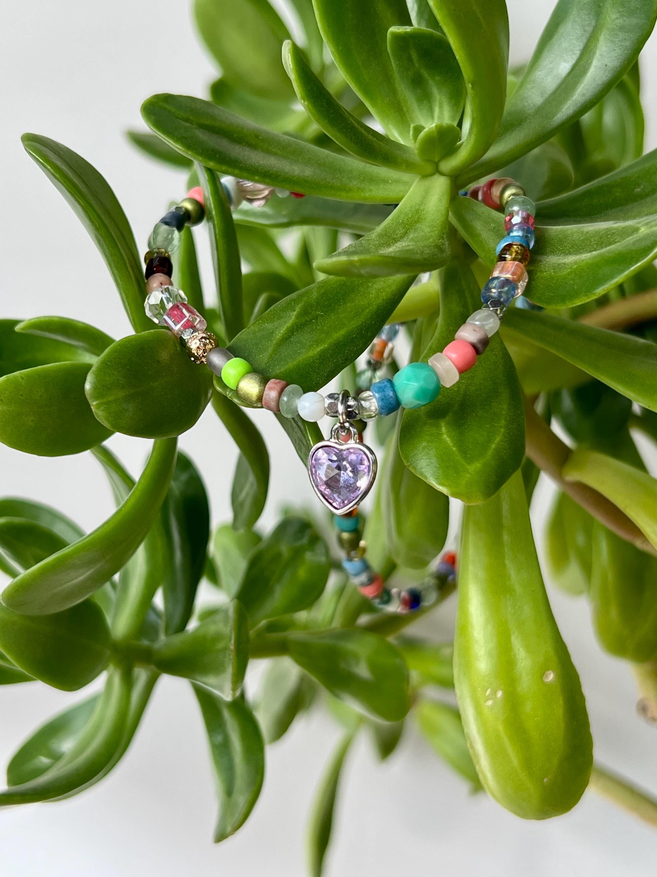 Beaded Choker Necklace, Lavender Heart Charm, Sterling Silver Magnetic Clasp