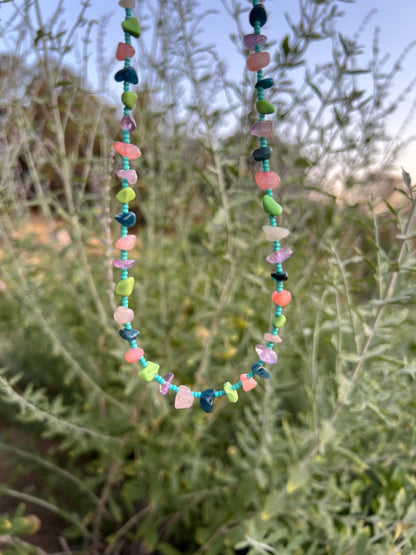 Colorful Chip Stone Beaded Choker Necklace Sterling Silver Magnetic Clasp Eclectic Design