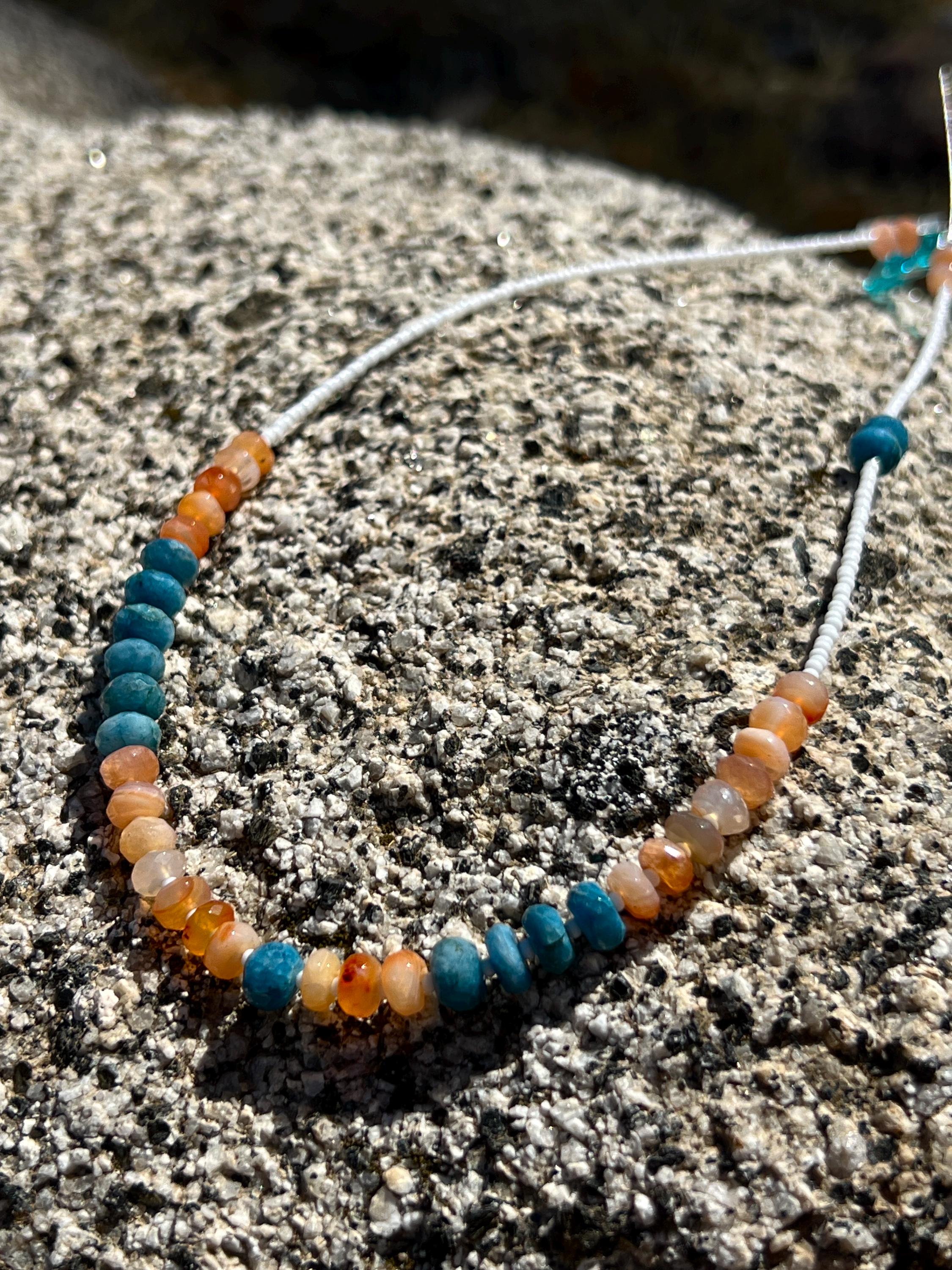 Carnelian & Apatite Gemstone Necklace, Sterling Silver Magnetic Closure, Bold Boho Eclectic Style