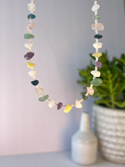 Gemstone Beaded Choker Necklace Sterling Silver Magnetic Clasp Eclectic Boho Design
