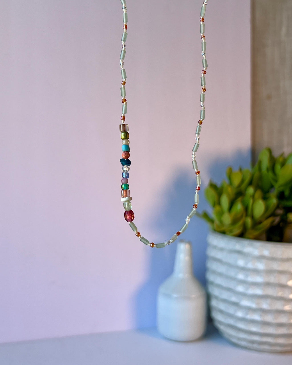 Hand Knotted Beaded Gemstone Necklace Sterling Silver Magnetic Closure Clasp Minimalist Boho Style Jewelry