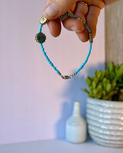 Colorful Retro Boho Floral Beaded Bracelet Sterling Silver Magnetic Clasp Closure