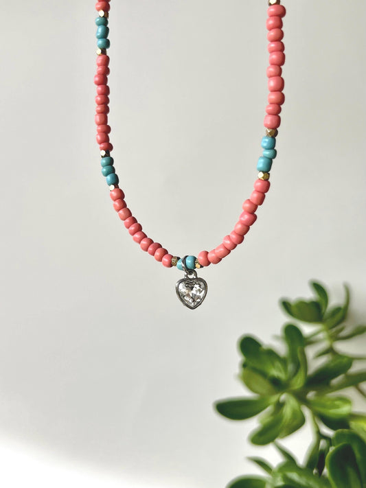 Coral Heart Charm Choker Necklace Sterling Silver Magnetic Closure Necklace Minimalist Boho Style