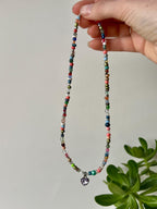 Beaded Choker Necklace, Lavender Heart Charm, Sterling Silver Magnetic Clasp
