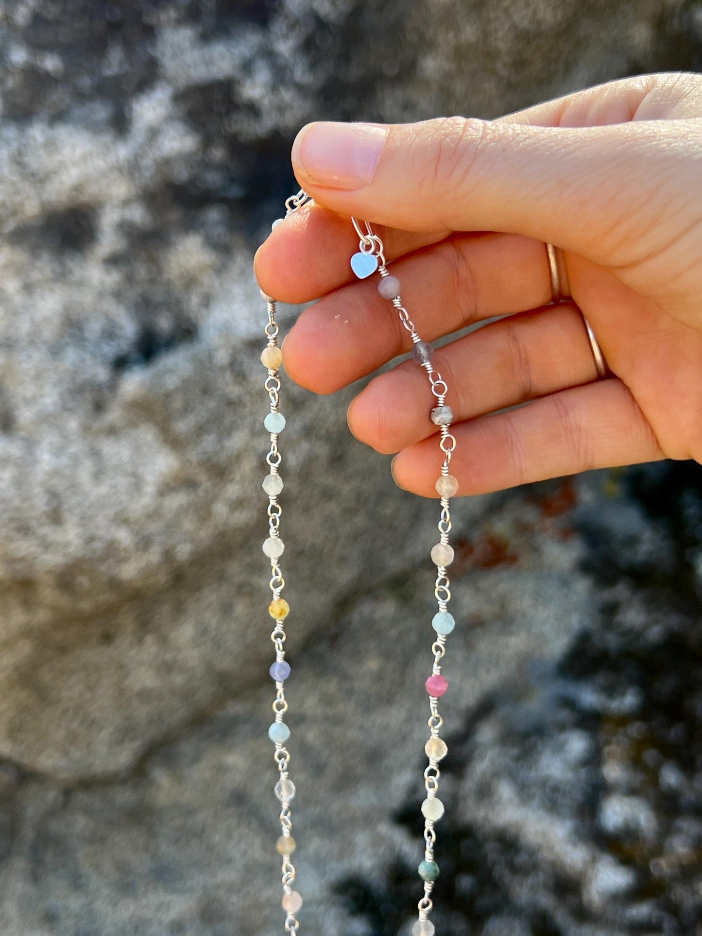 Gemstone & Sterling Silver Link Necklace: Rose Quartz, Jade, Apatite