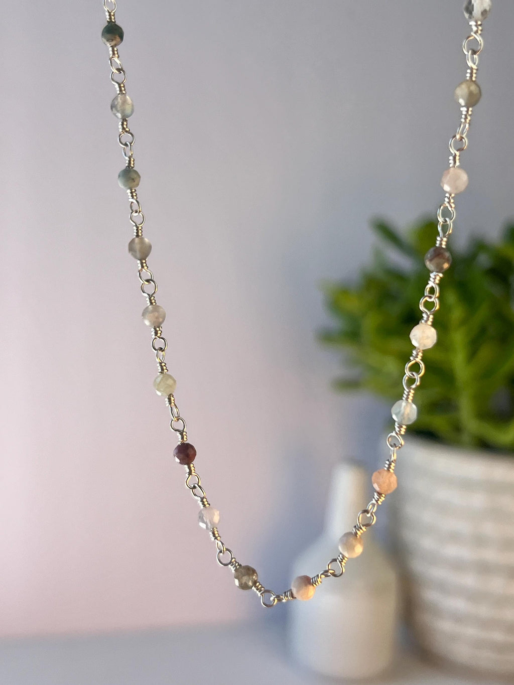 Rose Quartz, Jade, Apatite & Sterling Silver Link Necklace