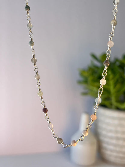Gemstone & Sterling Silver Link Necklace: Rose Quartz, Jade, Apatite