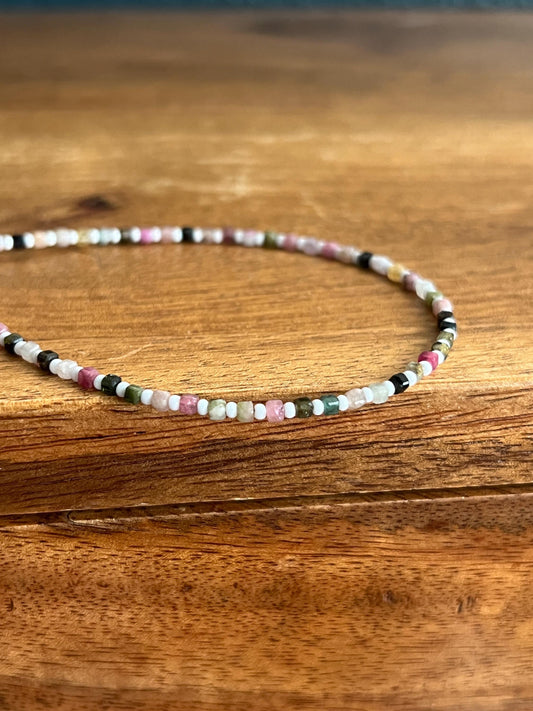 Dainty Tourmaline & Seed Bead Gemstone Necklace, Sterling Silver Magnetic Closure Clasp, Handcrafted Fine Jewelry Gift