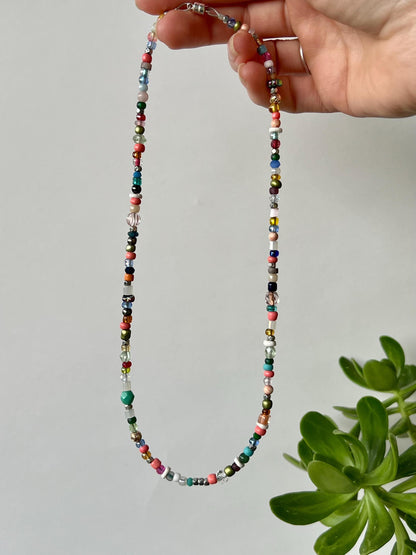 Boho Multi Color Beaded Necklace Sterling Silver Magnetic Clasp Eclectic Minimalist Design