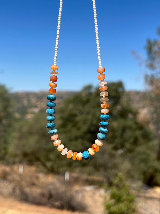 Carnelian & Apatite Gemstone Necklace, Sterling Silver Magnetic Closure, Bold Boho Eclectic Style