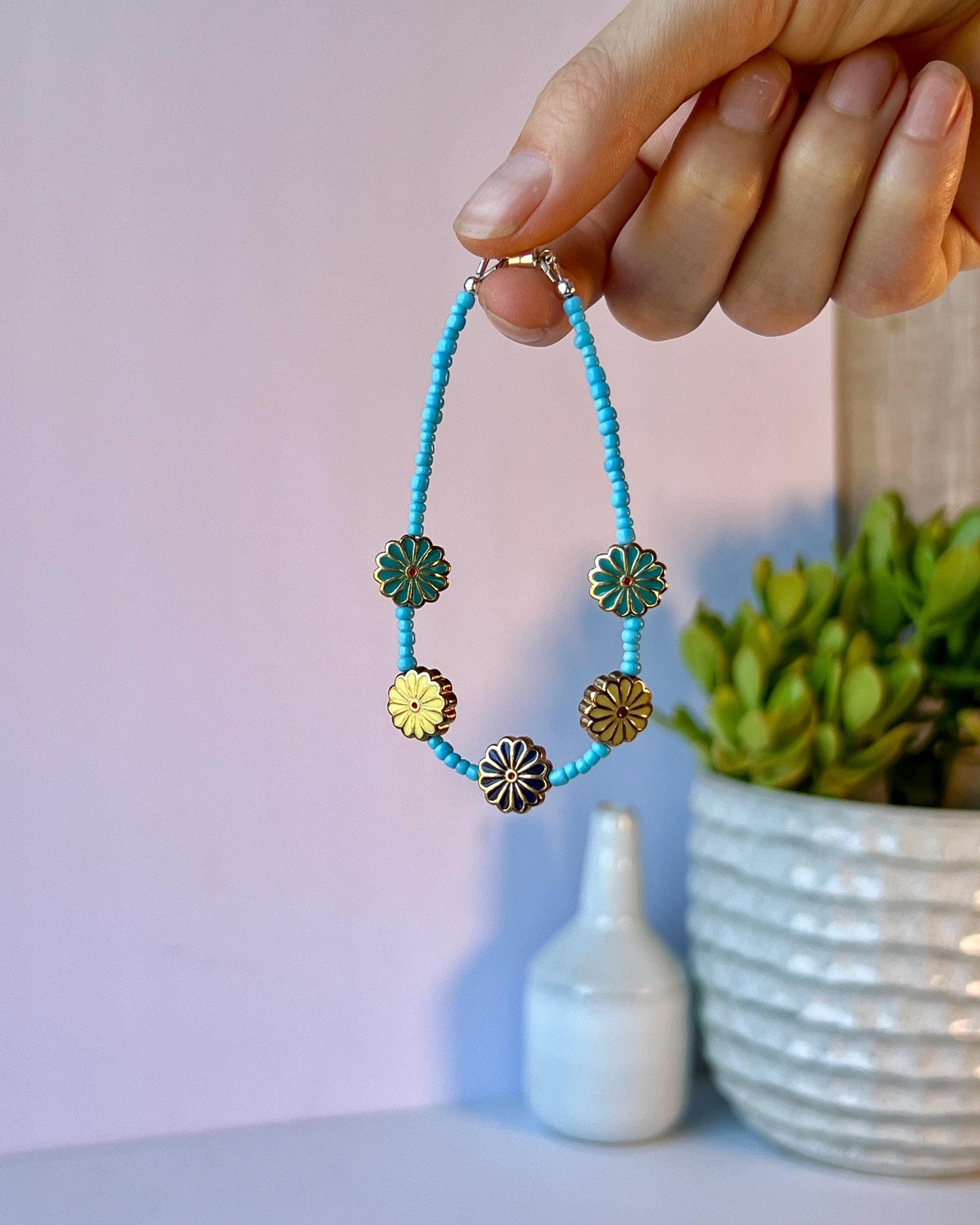 Colorful Retro Boho Floral Beaded Bracelet Sterling Silver Magnetic Clasp Closure