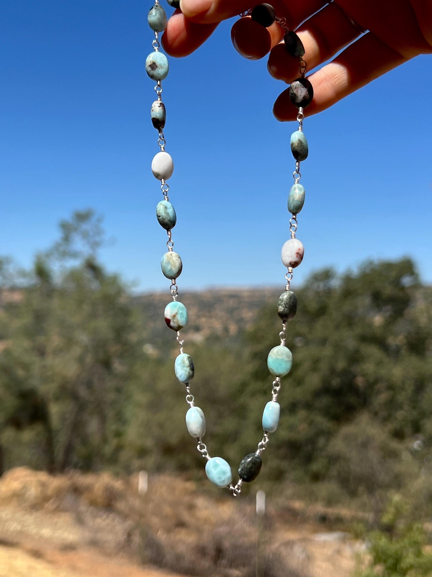 Larimar Gemstone & Sterling Silver Handcrafted Link Necklace, Magnetic Clasp Closure, Minimalist Boho Style Vibes