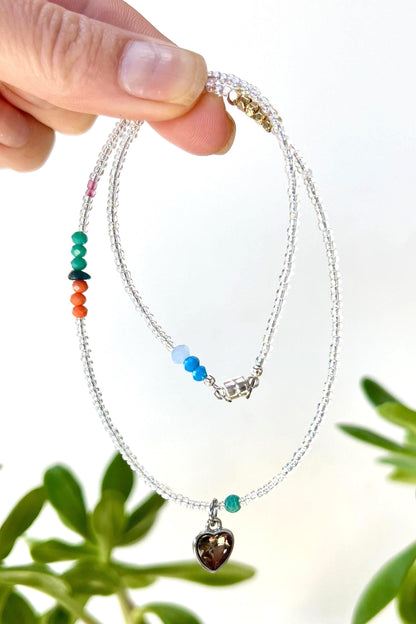 Seed Bead Heart Charm Necklace: Sterling Silver Magnetic Clasp, Boho Jewelry