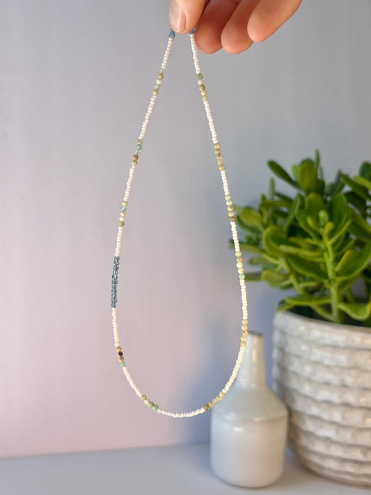 Delicate Gemstone and Seed Bead Choker Sterling Silver Magnetic Closure Necklace Minimalist Boho Style