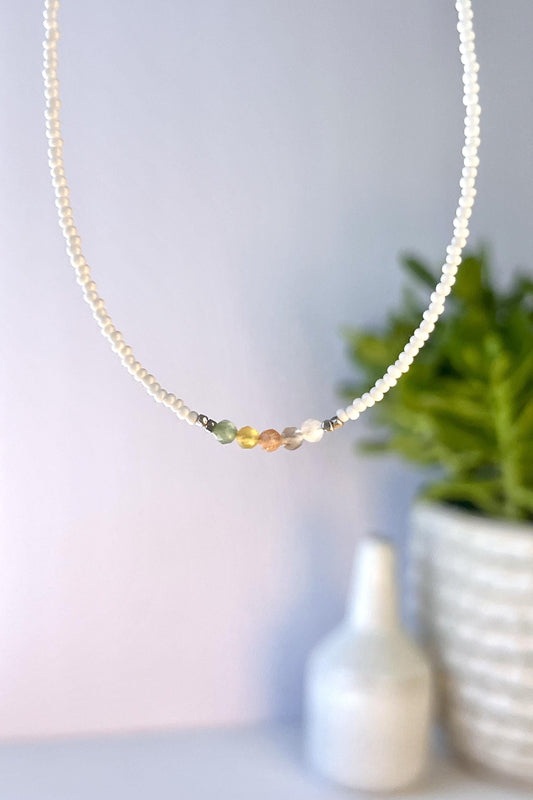 Delicate Gemstone Necklace, Seed Bead Choker, Sterling Silver Magnetic Closure, Minimalist Boho Style Jewelry