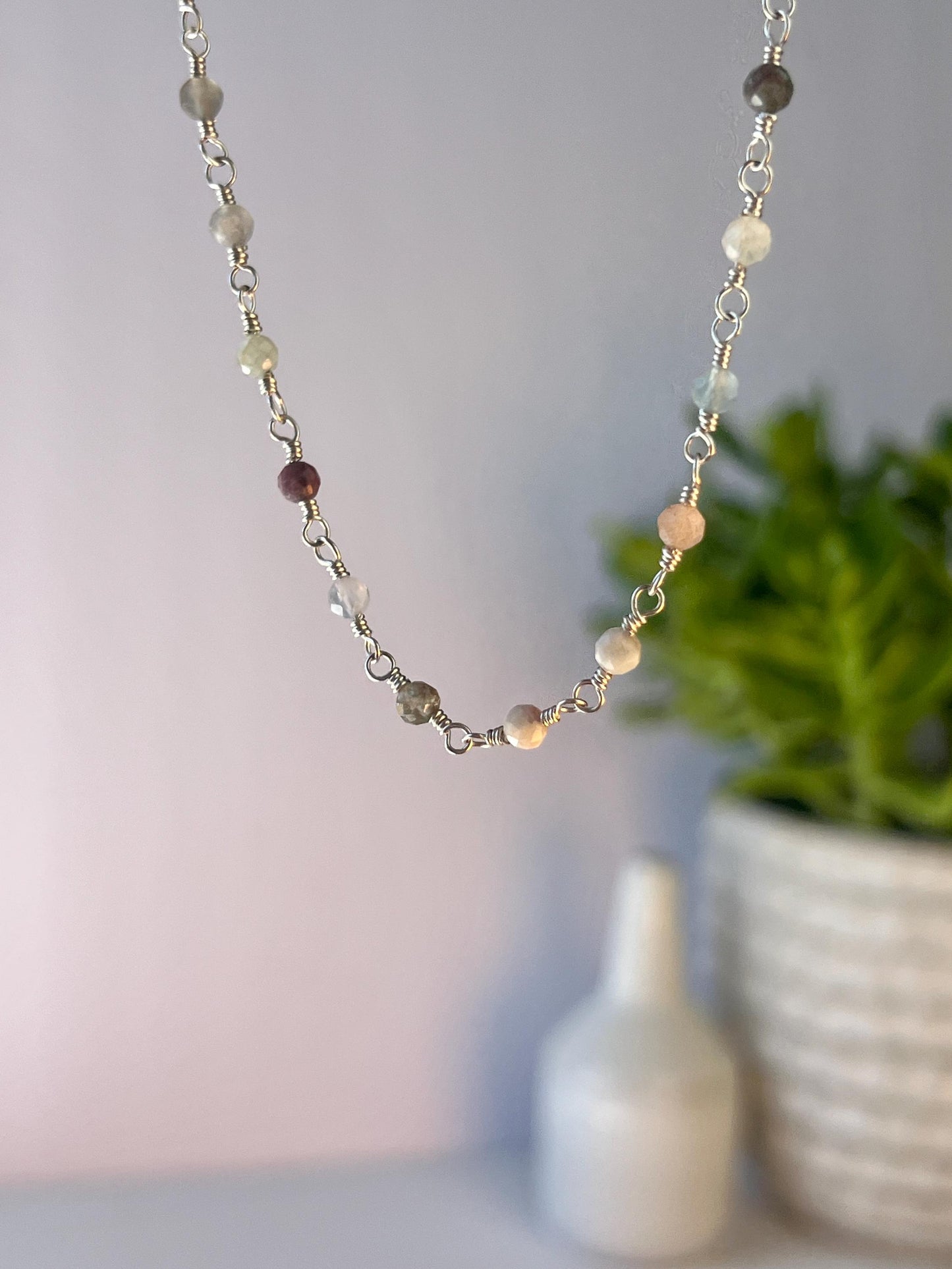 Gemstone & Sterling Silver Link Necklace: Rose Quartz, Jade, Apatite