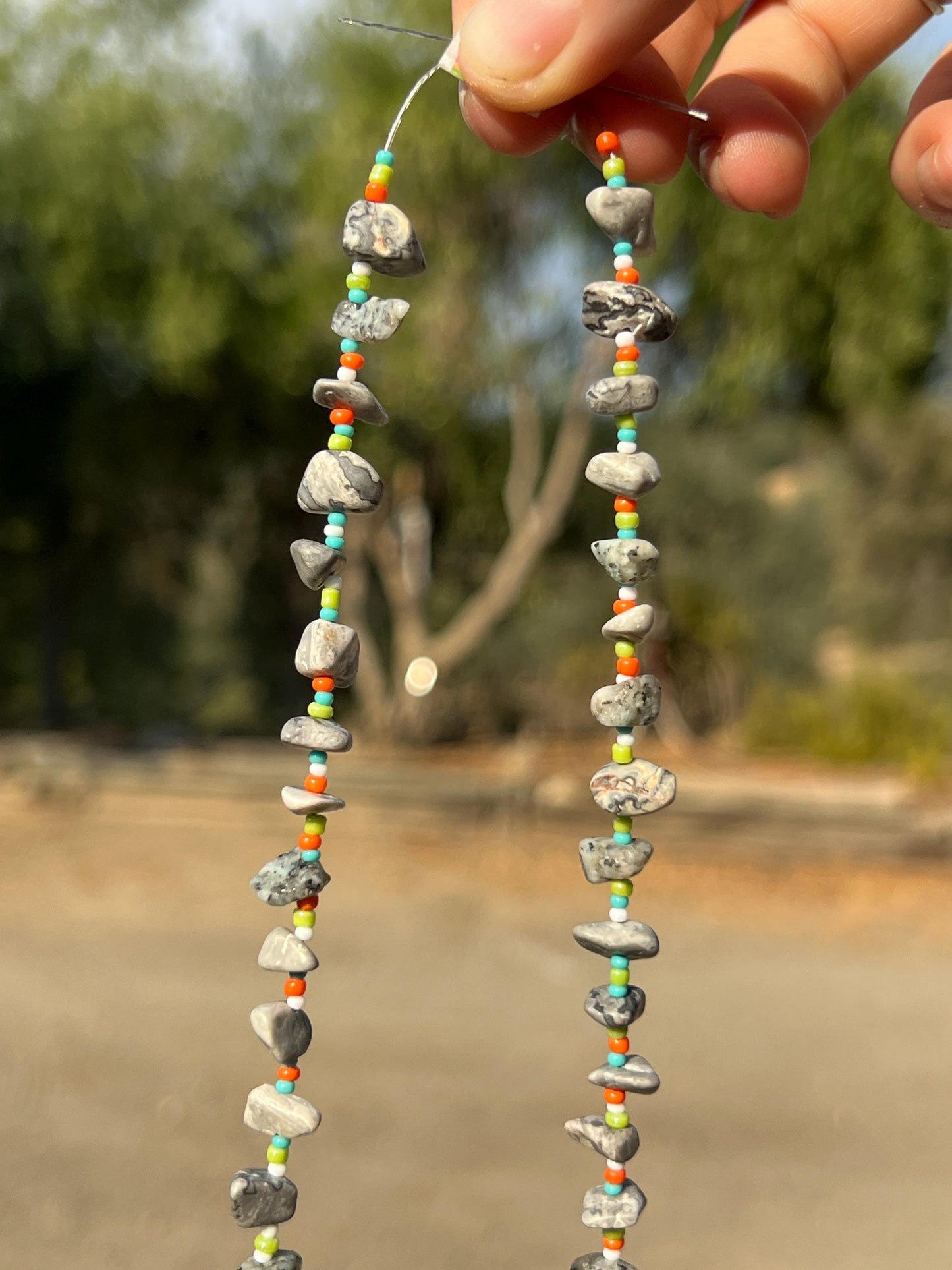 Stone Chip Bead Necklace, Sterling Silver Magnetic Clasp, Eclectic Boho Design