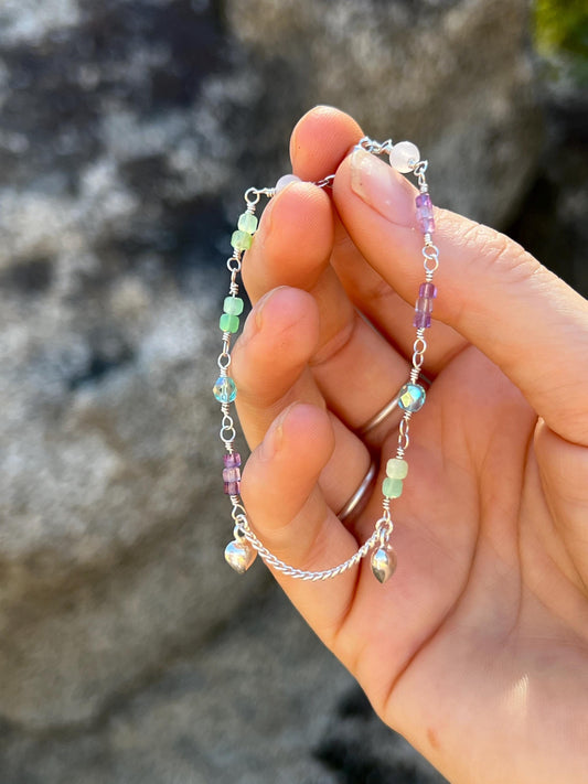 Delicate Gemstone & Sterling Silver Bracelet, Handcrafted Link, Magnetic Clasp Closure, Cottagecore Boho Style Vibes