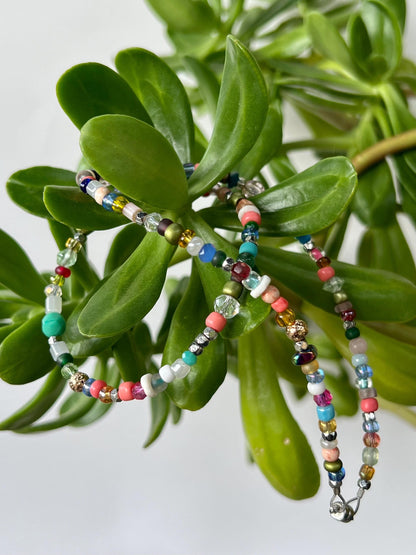 Boho Multi Color Beaded Necklace Sterling Silver Magnetic Clasp Eclectic Minimalist Design
