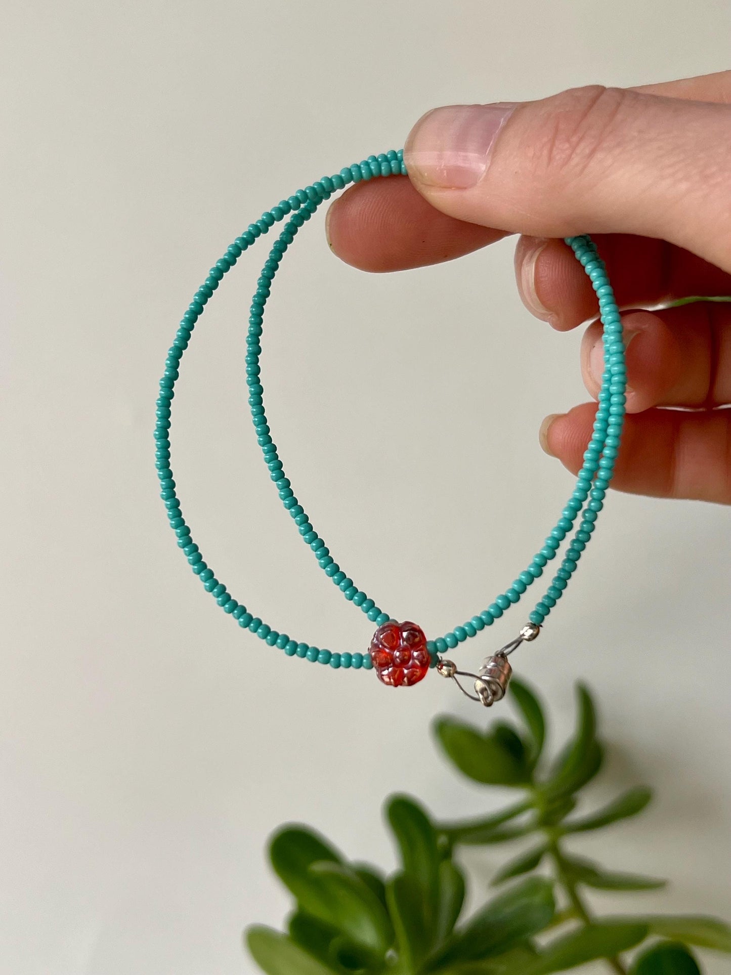 Teal Seed Bead Choker: Sterling Silver Boho Necklace with Red Flower