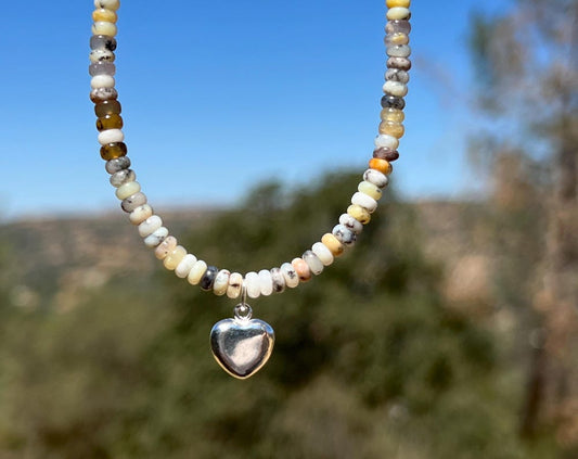 Yellow Opal Gemstone Necklace: Heart Pendant Charm, Sterling Silver Magnetic Closure, Minimalist Boho Style
